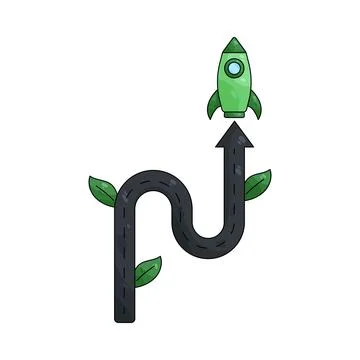 Illustration of rocket launching upward on a winding road Stock Illustration
