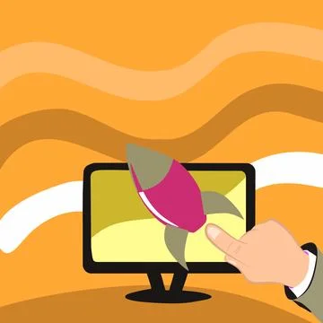 Illustration Of Rocket Ship Launching On Screen. Spaceship Drawing Flying High イラスト素材