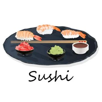 Illustration of roll sushi with salmon, prawn, avocado, cream cheese. Sushi m Stock Illustration