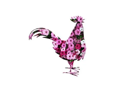 Illustration of a rooster in a floral pattern on a white background Stock Illustration