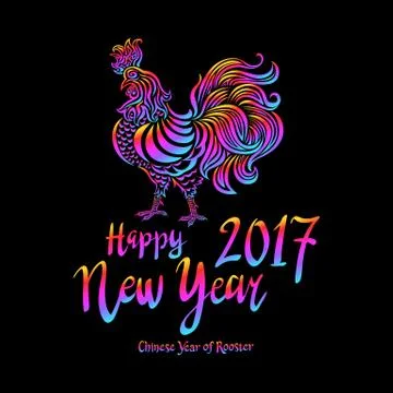 Illustration of a rooster with spread wings colored rainbow colors on a dar.. Stock Illustration