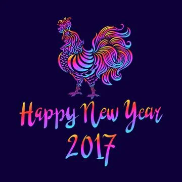 Illustration of a rooster with spread wings colored rainbow colors on a dar.. Stock-Illustration