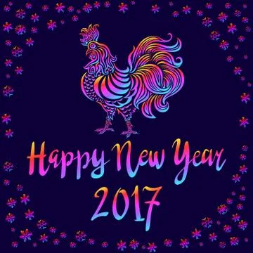 Illustration of a rooster with spread wings colored rainbow colors on a dar.. Stock Illustration
