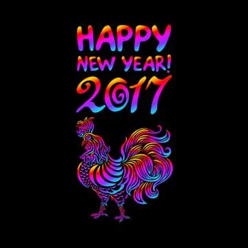 Illustration of a rooster with spread wings colored rainbow colors on a dar.. Stock Illustration