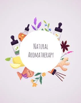 Illustration of a round frame with a border of spa products for aromatherapy and Stock Illustration