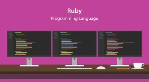 Illustration of Ruby programming language code displayed on three monitor in a Stock Illustration