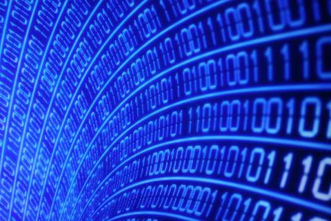 Illustration of running binary codes on a blue blurry background Illustrazione stock
