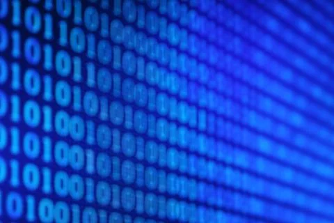 Illustration of running binary codes on a blue blurry background Stock Illustration