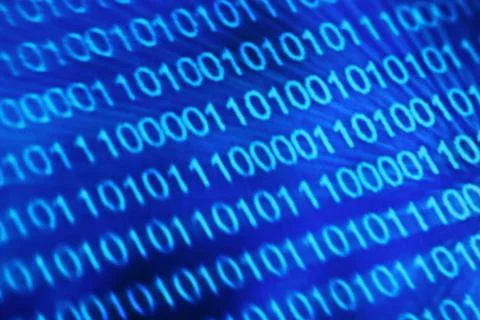 Illustration of running binary codes on a blue blurry background Illustrazione stock