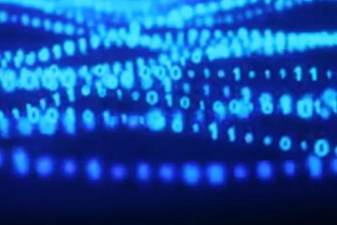 Illustration of running binary codes on a blue blurry background Illustrazione stock