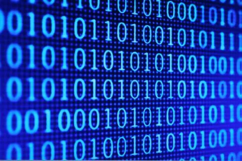 Illustration of running binary codes on a blue blurry background Illustrazione stock