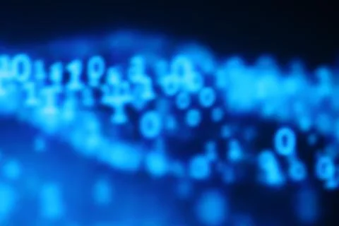 Illustration of running binary codes on a blue blurry background Illustrazione stock