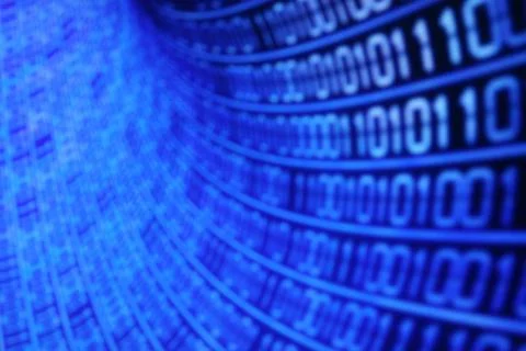 Illustration of running binary codes on a blue blurry background Illustrazione stock