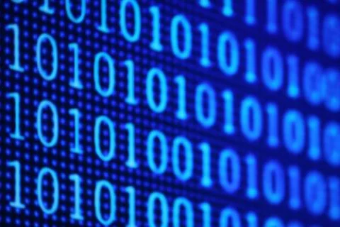 Illustration of running binary codes on a blue blurry background Illustrazione stock