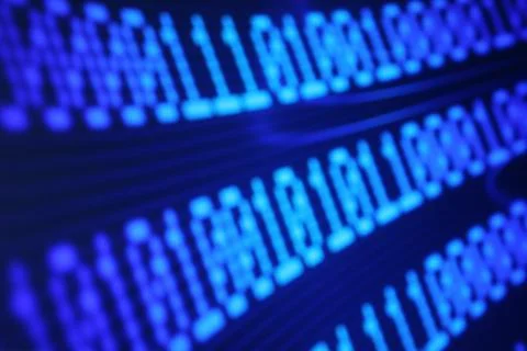 Illustration of running binary codes on a blue blurry background Illustrazione stock