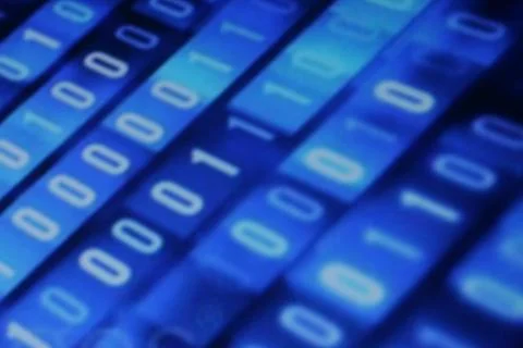 Illustration of running binary codes on a blue blurry background Illustrazione stock