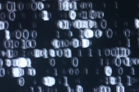 Illustration of running binary codes on a dark blurry background 스톡 일러스트