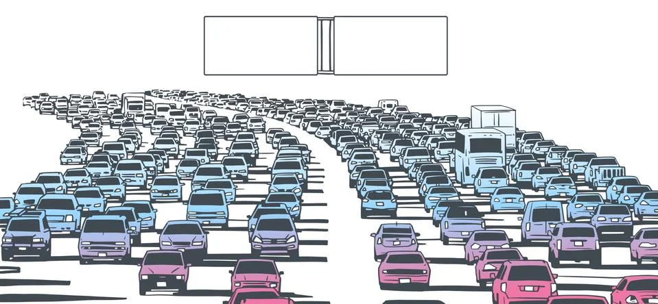 Illustration of rush hour traffic jam on freeway in black and white with signs Stock Illustration