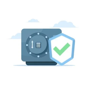 Illustration of a safe with shield and checkmark, representing protecting money. Stock Illustration