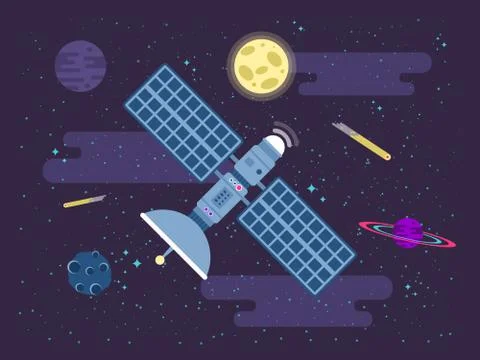 Illustration of satellite flies in outer space in a flat style Stock Illustration