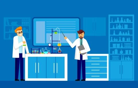 Illustration of scientists two men working at science lab Stock Illustration