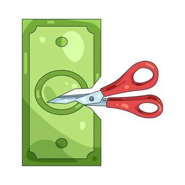 Illustration of Scissors cutting a dollar bill 스톡 일러스트
