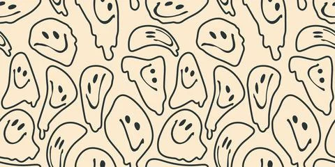 Illustration of a seamless groovy and trippy pattern. Deformed melted emoji i Stock Illustration