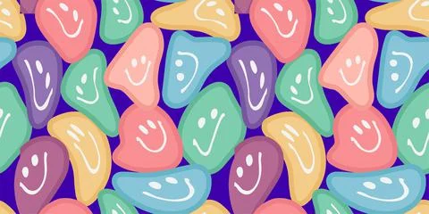 Illustration of a seamless groovy and trippy pattern. Deformed smiles in vint Stock Illustration