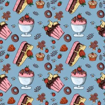 Illustration of seamless pattern 2 of sweet pastries, cupcake cakes, gingerbr Stock Illustration
