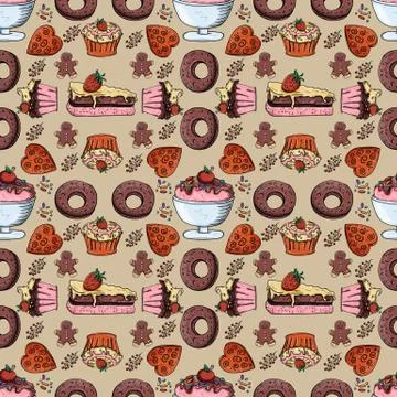 Illustration of seamless pattern 5 of sweet pastries, cupcake cakes, gingerbr Stock Illustration