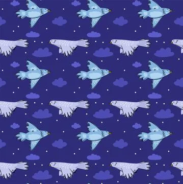 Illustration of seamless pattern birds and clouds. Stock Illustration