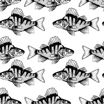Illustration of seamless pattern with black fish. Stock Illustration