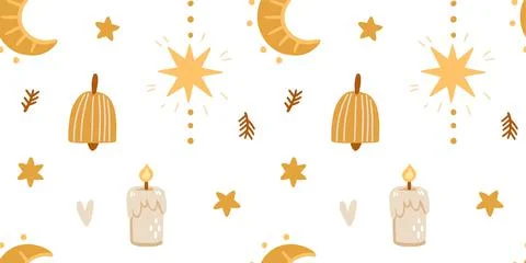 Illustration of a seamless pattern from Christmas items. Moon, stars, candle, Stock Illustration