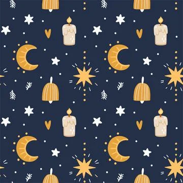 Illustration of a seamless pattern from Christmas items. Moon, stars, candle, Stock Illustration