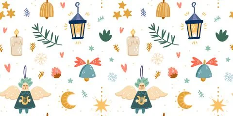 Illustration of a seamless pattern of Christmas items. Moon, stars, candle, b Stock Illustration