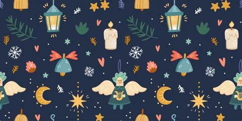 Illustration of a seamless pattern of Christmas items. Moon, stars, candle, b Stock Illustration