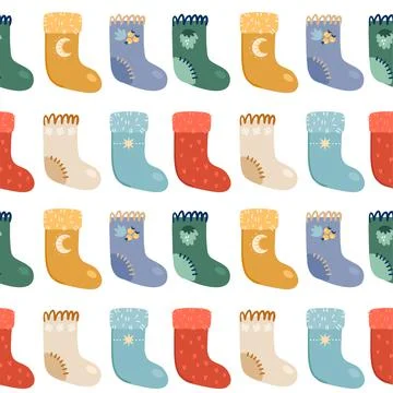 Illustration of a seamless pattern from Christmas socks. Santa's socks with d Stock Illustration