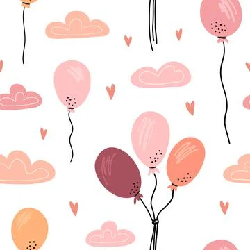 Illustration of a seamless pattern. Clouds, balloons and hearts on a white ba Stock Illustration