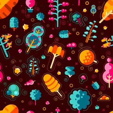 Illustration seamless pattern with colorful trees in a flat style on  brown Stock Illustration