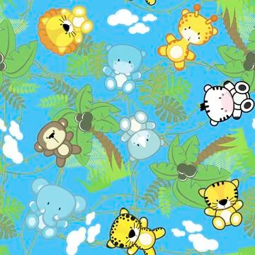 Illustration of seamless pattern with cute safari baby animals with jungle pl 스톡 일러스트