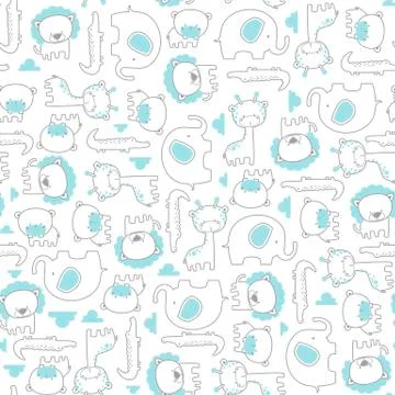 Illustration of seamless pattern with cute safari baby animals with clouds wh Stock Illustration