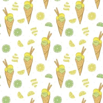 Illustration of a seamless pattern with different types of ice cream. Stock Illustration