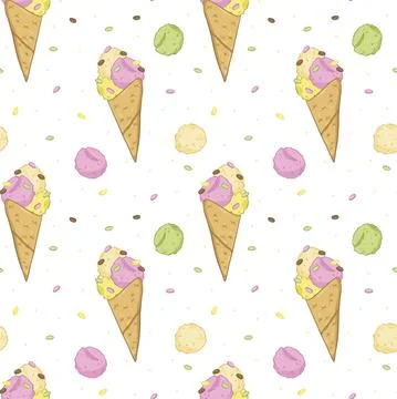 Illustration of a seamless pattern with different types of ice cream. Stock Illustration