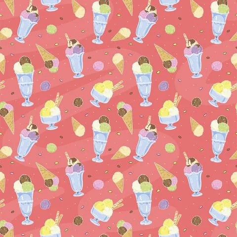 Illustration of a seamless pattern with different types of ice cream. Stock Illustration