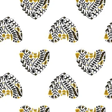 Illustration of a seamless pattern of doodle botanical hearts. Simple cute st Stock Illustration