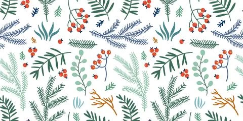 Illustration of a seamless pattern of fir branches, rowan branches, berries,  Stock Illustration
