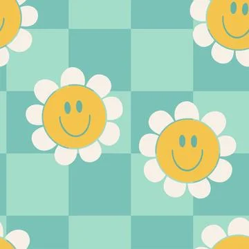 Illustration of seamless pattern floral pattern in retro style. Smiling flowe Stock Illustration