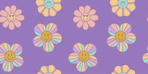 Illustration of seamless pattern floral pattern in retro style. Smiling flowe Stock Illustration