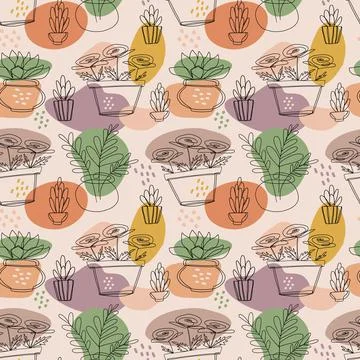 Illustration of a seamless pattern. Home plants roses and succulents in pots. Stock Illustration