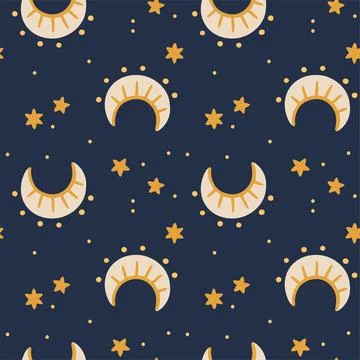 Illustration of a seamless pattern from the moon and stars. Simple cute style Stock Illustration